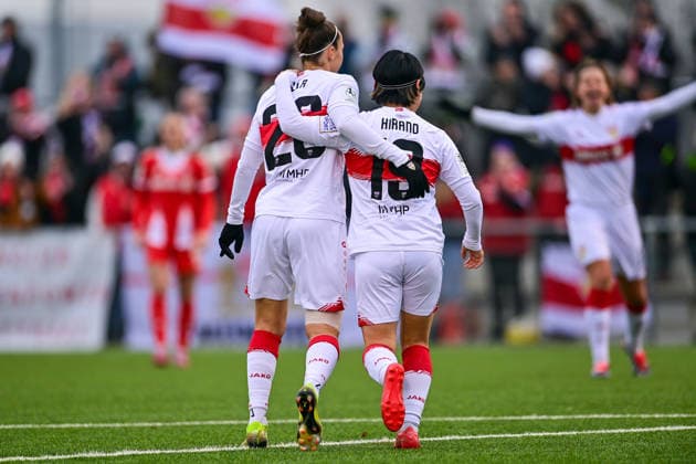 v li Nicole Billa Stuttgart, 26 Yuka Hirano Stuttgart, 19 with goal celebration, jubilation, goal celebration, celebrate the goal, goal, celebration, jubilation over the goal to 0 1 by Nicole Billa Stuttgart, 26 , optimistic, action, action, 21 12 2025, Munich Germany , Football,2 Women Bundesliga, FC Bayern München II VfB Stuttgart, DFB DFL REGULATIONS PROHIBIT ANY USE OF PHOTOGRAPHS AS IMAGE SEQUENCES AND OR QUASI VIDEO xslx