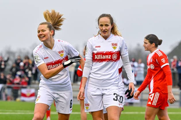 from left Maxi Rall Stuttgart, 8 Joy Castor Stuttgart, 30 with goal, celebrate the goal, goal, celebration, celebration of the goal to 1 2 by Rosa Rückert Stuttgart, 11 not in picture, not pictured , optimistic, Action, Action, 21 12 2025, Munich Germany , Soccer,2 Women Bundesliga, FC Bayern Munich II VfB Stuttgart, DFB DFL REGULATIONS PROHIBIT ANY USE OF PHOTOGRAPHS AS IMAGE SEQUENCES AND OR QUASI VIDEO xslx
