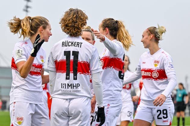 Stuttgart players with goal celebration, celebrate the goal, goal, celebration, celebration, celebration of the goal to 1 2 by Rosa Rückert Stuttgart, 11 , optimistic, action, action, 21 12 2025, Munich Germany , Football,2 Women Bundesliga, FC Bayern München II VfB Stuttgart, DFB DFL REGULATIONS PROHIBIT ANY USE OF PHOTOGRAPHS AS IMAGE SEQUENCES AND OR QUASI VIDEO xslx