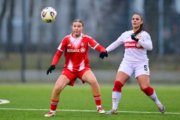 v li Celina Senftl FCB, 11 Laureta Temaj Stuttgart, 5 in duel, duel, tackle, dynamic, action, action, 21 12 2025, Munich Germany , Soccer,2 Women Bundesliga, FC Bayern München II VfB Stuttgart, DFB DFL REGULATIONS PROHIBIT ANY USE OF PHOTOGRAPHS AS IMAGE SEQUENCES AND OR QUASI VIDEO xslx