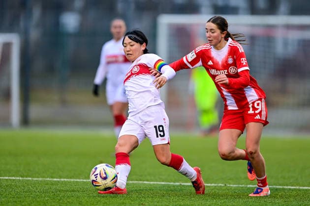v li Yuka Hirano Stuttgart, 19 Laila Portella FCB, 19 in duel, duel, tackle, dynamic, action, action, 21 12 2025, Munich Germany , Soccer,2 Women Bundesliga, FC Bayern München II VfB Stuttgart, DFB DFL REGULATIONS PROHIBIT ANY USE OF PHOTOGRAPHS AS IMAGE SEQUENCES AND OR QUASI VIDEO xslx