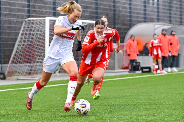v li Maxi Rall Stuttgart, 8 Scarlett Kraus FCB, 4 in duel, duel, tackle, dynamic, action, action, 21 12 2025, Munich Germany , Football,2 Women Bundesliga, FC Bayern München II VfB Stuttgart, DFB DFL REGULATIONS PROHIBIT ANY USE OF PHOTOGRAPHS AS IMAGE SEQUENCES AND OR QUASI VIDEO xslx
