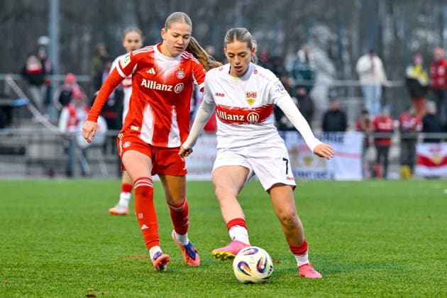 from left Marie Gmeineder FCB, 6 Dafina Redzepi Stuttgart, 07 in duel, duel, tackle, dynamic, action, action, 21 12 2025, Munich Germany , Football,2 Women Bundesliga, FC Bayern München II VfB Stuttgart, DFB DFL REGULATIONS PROHIBIT ANY USE OF PHOTOGRAPHS AS IMAGE SEQUENCES AND OR QUASI VIDEO xslx