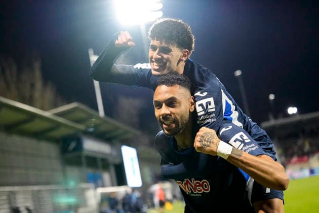 from left scorer Ayoube Amaimouni Echghouyab TSG II, 7 , Ruben Reisig TSG II, 17 , players of TSG 1899 Hoffenheim II U23 , cheer about the goal to 3 0, jubilation, goal celebration, celebrate the goal, goal, celebration, cheers about the goal, rejoice, joy, optimistic, positive, game scene, highlight, action, 21 12 2025, Sinsheim Hoffenheim Germany , Football, 3 Liga, TSG 1899 Hoffenheim II SV Wehen Wiesbaden, DFB DFL REGULATIONS PROHIBIT ANY USE OF PHOTOGRAPHS AS IMAGE SEQUENCES AND OR QUASI VIDEO xozx