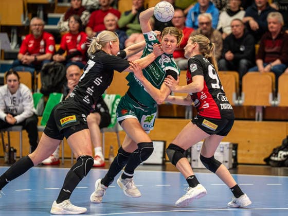 Sina Ehmann Frisch Auf Women, 22 in duel with Laura Penzes BSV Sachsen Zwickau, 37 and Rome Steverink BSV Sachsen Zwickau, 99 , BSV Sachsen Zwickau vs Frisch Auf Goeppingen, Handball, 1 Bundesliga, Season 2025 2026, 03 01 2026 BSV Sachsen Zwickau vs Frisch Auf Goeppingen, Handball, 1 Bundesliga, Season 2025 2026, 03 01 2026 Zwickau Copyright: xMichaelxSchmidt Eibner-Pressefotx EP_MST