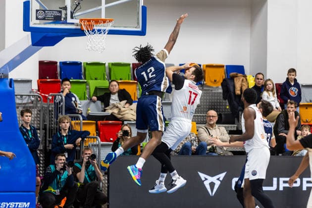 CZE, Basketball Champions League, PlayIns, ERA Nymburk MLP Academics Heidelberg 08 01 2026, Kralovka Arena, Prague, CZE, Basketball Champions League, PlayIns, ERA Nymburk MLP Academics Heidelberg Jaromir Bohacik ERA Nymburk 17 , Osun Osunniyi MLP Academics Heidelberg 12 Photo Alexander Trienitz Prague Kralovka Arena Prague Czech Republic