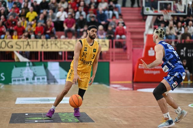 Miles Tention Tigers Tuebingen, 03 in front of the empty Fankurve GER, Tigers Tuebingen vs Phoenix Hagen, Basketball, Men, Pro A, 2 Barmer Basketball Bundesliga, Season 2025 2026, 10 01 2026 GER, Tigers Tuebingen vs Phoenix Hagen, Basketball, Men, Pro A, 2 Barmer Basketball Bundesliga, Season 2025 2026, 10 01 2026 Tuebingen Copyright: xEibner-Pressefoto NicolasxWoernx EP_NWN