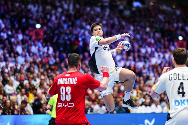 Throw Goal Renars Uscins Germany, 23 DEN, Serbia vs Germany, Handball, EHF European Championship 2026, Group A, Matchday 2, 17 01 2026 DEN, Serbia vs Germany, Handball, EHF European Championship 2026, Group A, Matchday 2, 17 01 2026 Herning Copyright: xEibner-Pressefoto MarcelxvonxFehrnx EP_MFN