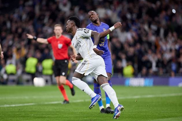 Vinicius Jr of Real Madrid CF celebrates after scoring a goal Real Madrid v AS Monaco, UEFA Champions League, Group Stage, Football, Estadio Bernabeu, Madrid, Spain - 20 Jan 2026Madrid Estadio Bernabeu Spain EDITORIAL USE ONLY No use with unauthorised audio, video, data, fixture lists, club league logos or live services. Online in-match use limited to 120 images, no video emulation. No use in betting, games or single club league player publications. Copyright: xRubenxAlbarran Shutterstockx 16374322de