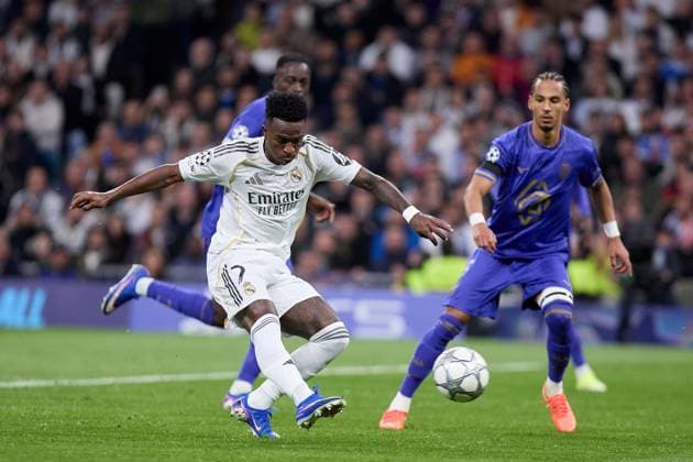 Vinicius Jr of Real Madrid CF scoring a goal Real Madrid v AS Monaco, UEFA Champions League, Group Stage, Football, Estadio Bernabeu, Madrid, Spain - 20 Jan 2026Madrid Estadio Bernabeu Spain EDITORIAL USE ONLY No use with unauthorised audio, video, data, fixture lists, club league logos or live services. Online in-match use limited to 120 images, no video emulation. No use in betting, games or single club league player publications. Copyright: xRubenxAlbarran Shutterstockx 16374322df