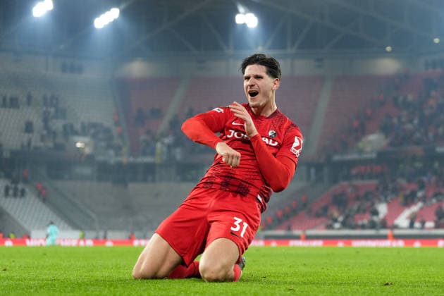 Igor Matanovic SC Freiburg, 31 goal celebration, emotions, goal shot, goal, goal, goal, Germany, football, UEFA Europa League, matchday 7, league phase, 2025 2026, SC Freiburg vs Maccabi Tel Aviv, 22 01 2026, Europa Park Stadion, Freiburg, Germany Freiburg Europa Park Stadion Baden Württemberg Germany Copyright: xArnexAmbergx