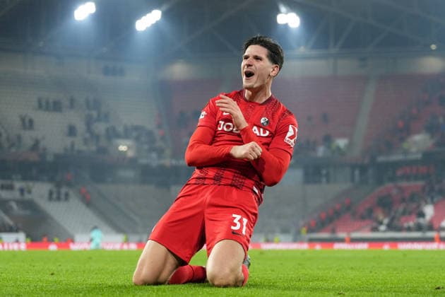 Igor Matanovic SC Freiburg, 31 goal celebration, emotions, goal shot, goal, goal, goal, Germany, football, UEFA Europa League, matchday 7, league phase, 2025 2026, SC Freiburg vs Maccabi Tel Aviv, 22 01 2026, Europa Park Stadion, Freiburg, Germany Freiburg Europa Park Stadion Baden Württemberg Germany Copyright: xArnexAmbergx