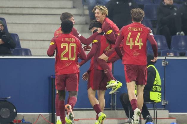 Celebration at Salzburg after the 2 0 by Kerim Alajbegovic 27 FC Red Bull Salzburg , with Edmund Baidoo 20 FC Red Bull Salzburg , Sota Kitano 8 FC Red Bull Salzburg and Jannik Schuster 44 FC Red Bull Salzburg , FC Salzburg vs FC Basel 1893, Football, Men, UEFA Europa League, Season 2025 2026, League phase, Matchday 7, 22 01 2026 Wals Siezenheim Salzburg Austria Copyright: xkolbert-press MartinxAgüerax
