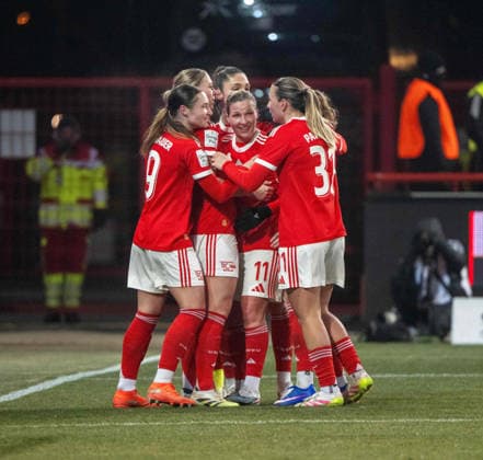 Soccer, Women, Season 2025 2026, Google Pixel Women Bundesliga 15 Matchday , 1 FC Union Berlin Bayer 04 Leverkusen, f l Sophie Weidauer 1 FC Union , Samantha Steuerwald 1 FC Union , Amber Tysiak 1 FC Union , Dina Orschmann 1 FC Union , Tanja Pawollek 1 FC Union , Cheering after goal to 1 0, 23 01 2026, Copyright: xMatthiasxKochx