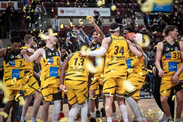 Jubilation, joy at the MHP Riesen after home win GER, MHP Riesen Ludwigsburg Basketball Loewen Braunschweig, easycredit BBL, Basketball, Bundesliga, Matchday 17, Season 2025 2026, 24 01 2026 GER, MHP Riesen Ludwigsburg Basketball Loewen Braunschweig, easycredit BBL, Basketball, Bundesliga, Matchday 17, Season 2025 2026, 24 01 2026 Ludwigsburg Copyright: xSandyxDinkelackerx EP_SDR