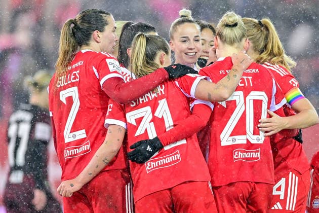 FC Bayern players celebrating the goal, goal, goal celebration, celebrate the goal, goal, celebration, celebration about the goal to 2 0, optimistic, action, 25 01 2026, Munich Germany , Football, Google Pixel Women Bundesliga, FC Bayern Munich RB Leipzig, DFB DFL REGULATIONS PROHIBIT ANY USE OF PHOTOGRAPHS AS IMAGE SEQUENCES AND OR QUASI VIDEO xslx