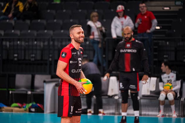 Volleyball I Men I Season 2025 2026 I CEV Champions League I CLVM72 I SVG Lüneburg Asseco Resovia Rzeszow I 27 01 2026 Single photo, cropped, single image, cut out, isolated motif, sports shot, close-up, cropped, cropped shot, shot, single Pawel Zatorski 16, Asseco Resovia Rzeszow smiling on the field Copyright: xLobeca Bjorn-OlexKehmx