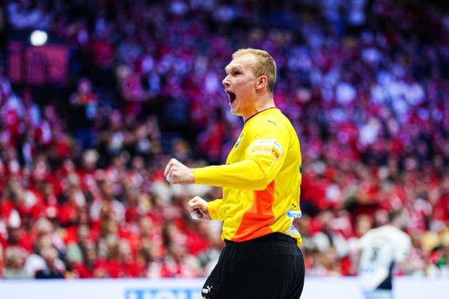 Cheering after David Spaeths save Germany, 01 DEN, Germany vs France, Handball, EHF European Championship 2026, Main Round, Matchday 4, 28 01 2026 DEN, Germany vs France, Handball, EHF European Championship 2026, Main Round, Matchday 4, 28 01 2026 Herning Copyright: xEibner-Pressefoto MarcelxvonxFehrnx EP_MFN