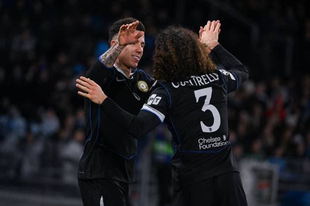 Enzo Fernandez of Chelsea Football Club celebrates his goal with Marc Cucurella of Chelsea Football Club Napoli v Chelsea, UEFA Champions League, Group Stage, Football, Diego Armando Maradona Stadium, Naples, Italy - 28 Jan 2026Naples Diego Armando Maradona Stadium Italy EDITORIAL USE ONLY No use with unauthorised audio, video, data, fixture lists, club league logos or live services. Online in-match use limited to 120 images, no video emulation. No use in betting, games or single club league player publications. Copyright: xGiuseppexFama Shutterstockx 16429500bb