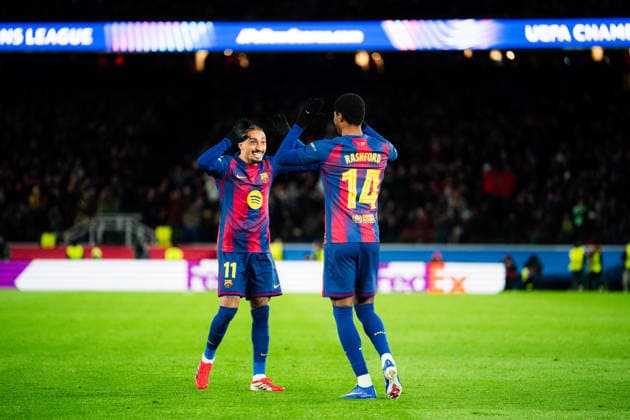 Football-Spain-Champions League FC Barcelona, Barca v FC Copenhague in Barcelona, Spain. Barcelona, Spain, 28, January, 2026. FC Barcelona player (14) Marcus Rashford celebrates his score with (11) Raphinha during Champions League match between FC Barcelona and FC Copenhague in Spotify Camp Nou Stadium, Barcelona, Spain, on January 28, 2026. Barcelona Spotify Camp Nou Stadium Barcelona Spain