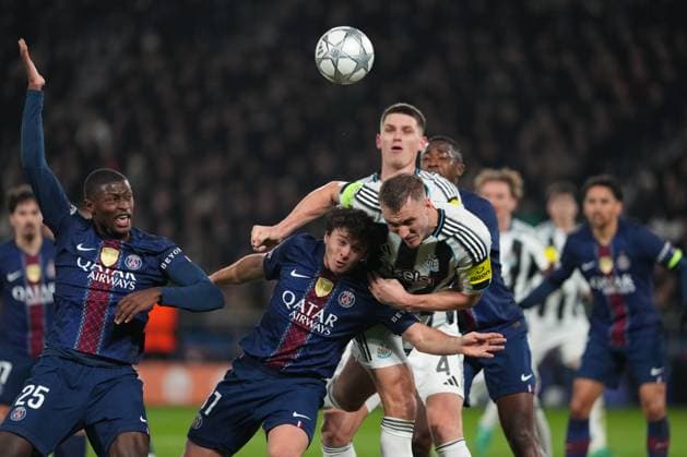 Sven Botman of Newcastle beats Joao Neves of PSG in the air Paris Saint-Germain v Newcastle United, UEFA Champions League, Group Stage, Football, Parc des Princes, Paris, France - 28 Jan 2026Paris Parc des Princes France EDITORIAL USE ONLY No use with unauthorised audio, video, data, fixture lists, club league logos or live services. Online in-match use limited to 120 images, no video emulation. No use in betting, games or single club league player publications. Copyright: xDavexWinter Shutterstockx 16429499hc