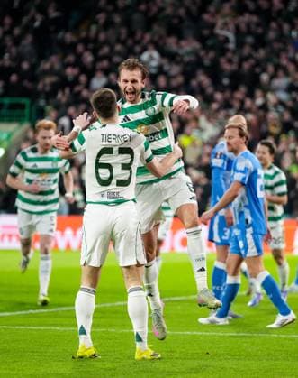 Benjamin Nygren of Celtic celebrates with Kieran Tierney of Celtic (assist) after scoring to give Celtic a 1-0 lead. Celtic v Utrecht, UEFA Europa League, Group Stage, Football, Celtic Park, Glasgow, UK - 29 Jan 2026Glasgow Celtic Park United Kingdom EDITORIAL USE ONLY No use with unauthorised audio, video, data, fixture lists, club league logos or live services. Online in-match use limited to 120 images, no video emulation. No use in betting, games or single club league player publications. Copyright: xStuartxWallace Shutterstockx 16445870u