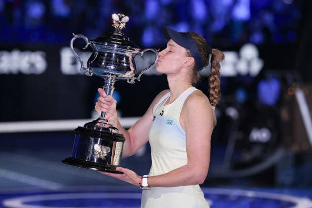 Winner Elena Rybakina with trophy, trophy, Sabalenka, award ceremony, Presentation Ladies Singles, final, final, Australian Open 2026 Melbourne Park, Melbourne, Victoria, Australia Copyright: xJuergenxHasenkopfx