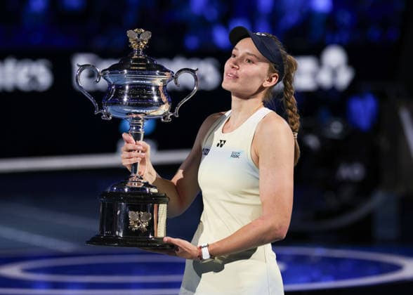 Winner Elena Rybakina with trophy, trophy, Sabalenka, award ceremony, Presentation Ladies Singles, final, final, Australian Open 2026 Melbourne Park, Melbourne, Victoria, Australia Copyright: xJuergenxHasenkopfx