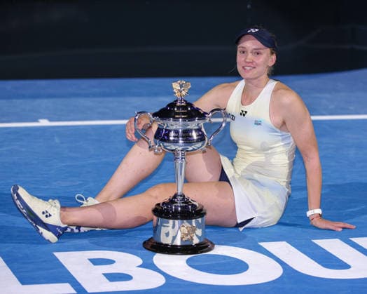 Winner Elena Rybakina with trophy, trophy, Sabalenka, award ceremony, Presentation Ladies Singles, final, final, Australian Open 2026 Melbourne Park, Melbourne, Victoria, Australia Copyright: xJuergenxHasenkopfx