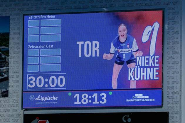 Half-time score on the scoreboard at Sporthalle Ulmenallee GER, HSG Blomberg Lippe vs BSV Sachsen Zwickau, Handball, 1 Bundesliga Women, Matchday 15, 31 01 2026 GER, HSG Blomberg Lippe vs BSV Sachsen Zwickau, Handball, 1 Bundesliga Women, Matchday 15, 31 01 2026 Blomberg Copyright: xEibner-Pressefoto JanxRollingerx EP_JSK