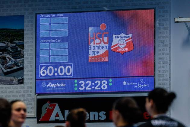 Final score on the scoreboard at Sporthalle Ulmenallee GER, HSG Blomberg Lippe vs BSV Sachsen Zwickau, Handball, 1 Bundesliga Women, Matchday 15, 31 01 2026 GER, HSG Blomberg Lippe vs BSV Sachsen Zwickau, Handball, 1 Bundesliga Women, Matchday 15, 31 01 2026 Blomberg Copyright: xEibner-Pressefoto JanxRollingerx EP_JSK
