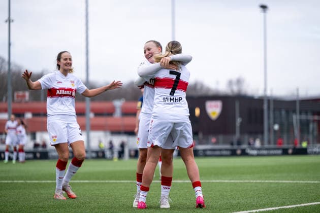 Daphina Redzepi VfB Stuttgart, 07 , Leonie Schetter VfB Stuttgart, 77 , Fabienne Dongus VfB Stuttgart, 33 celebrate the goal for 2 0, GER, VfB Stuttgart vs SG 99 Andernach, Soccer, Women, 2 Bundesliga, Matchday 15, Season 2025 2026, 01 02 2026 GER, VfB Stuttgart vs SG 99 Andernach, Soccer, Women, 2 Bundesliga, Matchday 15, Season 2025 2026, 01 02 2026 Bad Cannstatt Copyright: xEibner-Pressefoto Memmlerx EP_MMR