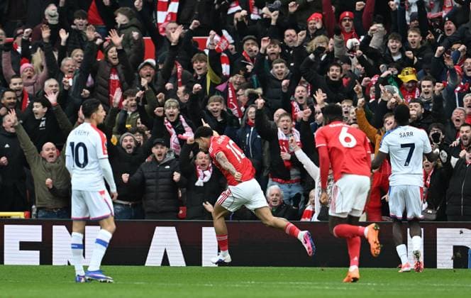 Morgan Gibbs-White of Nottingham Forest celebrates after scoring the team s first goal Nottingham Forest v Crystal Palace, Premier League, Football, City Ground, Nottingham, UK - 01 Feb 2026Nottingham City Ground United Kingdom EDITORIAL USE ONLY No use with unauthorised audio, video, data, fixture lists, club league logos or live services. Online in-match use limited to 120 images, no video emulation. No use in betting, games or single club league player publications. Copyright: xAnnaxGowthorpe Shutterstockx 16496863y
