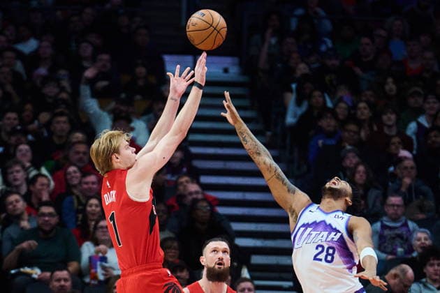 February 1, 2026, Toronto, On, Canada: Toronto Raptors Gradey Dick (1) shoots over Utah Jazz s Brice Sensabaugh (28) during first half NBA, Basketball Herren, USA basketball action in Toronto, on Sunday, Feb. 1, 2026. Canada News - February 1, 2026 - ZUMAc35_ 20260201_zaf_c35_093 Copyright: xSammyxKoganx