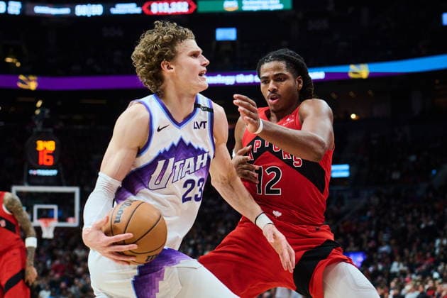 February 1, 2026, Toronto, On, Canada: Utah Jazz s Lauri Markkanen (23) drives past Toronto Raptors Collin Murray-Boyles (12) during first half NBA, Basketball Herren, USA basketball action in Toronto, on Sunday, Feb. 1, 2026. Canada News - February 1, 2026 - ZUMAc35_ 20260201_zaf_c35_105 Copyright: xSammyxKoganx