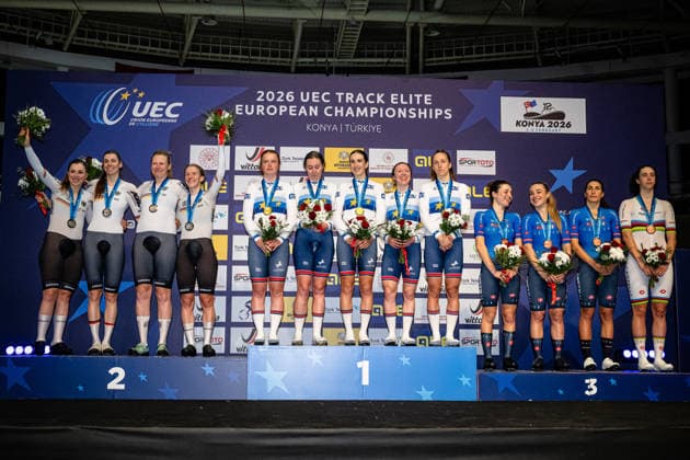 KLEIN Lisa, SÜßEMILCH Laura, KRÖGER Mieke, BRAUßE Franziska, RICHARDSON Kate, ARCHIBALD Katie , KNIGHT Josie, MORRIS Anna, COUZENS Millie, SANARINI Linda, PATERNOSTER Letizia, BALSAMO Elisa, VENTURELLI Federica UEC Track Cycling European Championship KLEIN Lisa SÜßEMILCH Laura KRÖGER Mieke BRAUßE Franziska GER Germany Second Place RICHARDSON Kate ARCHIBALD Katie KNIGHT Josie MORRIS Anna COUZENS Millie GBR Great Britain Winner First Place SANARINI Linda PATERNOSTER Letizia BALSAMO Elisa VENTURELLI Federica ITA Italy Third Place Award Ceremony Medal Ceremony Podium Landscape horizontal Landscape Event Event UEC Track Cycling European Championships 2026 Category Category Cycling Track Cycling European Championships Location Place Asia Turkey Türkiye Konya Discipline Team Pursuit Category Elite Women Distance 4000 m Date Date 02 02 2026 Monday Day 2