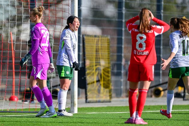 v li Anna Klink goalkeeper, goalkeeper, FCB, 38 Hitomi Yamaue Wolfsburg, 23 with goal celebration, jubilation, goal celebration, celebrate the goal, goal, celebration, jubilation over her goal to 1 2, optimistic, action, action, Samira Di Lauro FCB, 8 Elena Goessler Wolfsburg, 14 , 08 02 2026, Munich Germany , Soccer,2 Women Bundesliga, FC Bayern München II VfL Wolfsburg II, DFB DFL REGULATIONS PROHIBIT ANY USE OF PHOTOGRAPHS AS IMAGE SEQUENCES AND OR QUASI VIDEO xslx