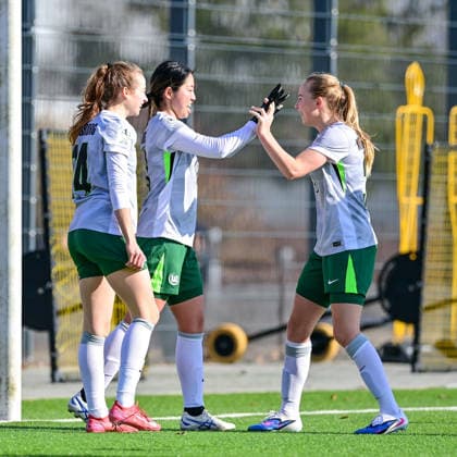from left Elena Goessler Wolfsburg, 14 , Goalscorer Hitomi Yamaue Wolfsburg, 23 and Linnea Saelen Wolfsburg, 31 with goal celebration, jubilation, goal celebration, celebrate the goal, goal, celebration, jubilation over the goal to 1 2, optimistic, Action, Action, 08 02 2026, Munich Germany , Soccer,2 Women Bundesliga, FC Bayern München II VfL Wolfsburg II, DFB DFL REGULATIONS PROHIBIT ANY USE OF PHOTOGRAPHS AS IMAGE SEQUENCES AND OR QUASI VIDEO xslx