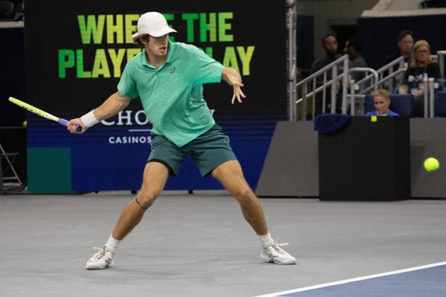 February 8, 2026, Frisco, Texas, USA: MURPHY CASSONE (USA) returns with a forehand during a menâ€⠢s singles qualifying match at 2026 Nexo Dallas Open at The Ford Center at The Star in Frisco, Texas. Svadja defeated Boyer, 6:3, 5:7, 6:4. Jodar defeated Cassone, 7:6, 7:6. Frisco USA - ZUMAh193 20260208_zsp_h193_065 Copyright: xDanielxMcGregor-Huyerx