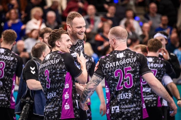 Max Haefner TVB Stuttgart, 03 , Lenny Rubin TVB Stuttgart, 44 and Patrick Zieker TVB Stuttgart, 25 Joy, jubilation, laughter after home win against ThSV Eisenach GER, TVB Stuttgart ThSV Eisenach, DAIKIN HBL, Handball, Bundesliga, Matchday 20, Season 2025 2026, 09 02 2026 GER, TVB Stuttgart ThSV Eisenach, DAIKIN HBL, Handball, Bundesliga, Matchday 20, Season 2025 2026, 09 02 2026 Stuttgart Copyright: xSandyxDinkelackerx EP_SDR