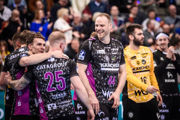 Max Haefner TVB Stuttgart, 03 , Patrick Zieker TVB Stuttgart, 25 , Lenny Rubin TVB Stuttgart, 44 Joy, jubilation, laughter after home win GER, TVB Stuttgart ThSV Eisenach, DAIKIN HBL, Handball, Bundesliga, Matchday 20, Season 2025 2026, 09 02 2026 GER, TVB Stuttgart ThSV Eisenach, DAIKIN HBL, Handball, Bundesliga, Matchday 20, Season 2025 2026, 09 02 2026 Stuttgart Copyright: xSandyxDinkelackerx EP_SDR
