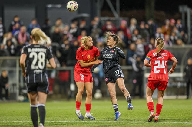 GER, Frankfurt, Eintracht Frankfurt vs FC Nordsjaelland, European Cup, Football, UEFA, Season 2024 2026, Stadion am Brentanobad, Quarter-final, First leg in the picture from l Astrid Engsig Karup FC Nordsjaelland Women 32 , Ereleta Memeti Eintracht Frankfurt Women 27 , Header DFB DFL REGULATIONS PROHIBIT ANY USE OF PHOTOGRAPHS AS IMAGE SEQUENCES AND OR QUASI VIDEO, 11 02 2026 Copyright: HMBxMedia HendrikxHamelau