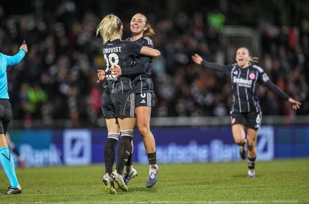 GER, Frankfurt, Eintracht Frankfurt vs FC Nordsjaelland, European Cup, Football, UEFA, 2024 2026 season, Stadion am Brentanobad, quarter-final, first leg in the picture Rebecka Blomqvist Eintracht Frankfurt Women 28 scores the 4 0, Goal, Cheers and joy, Emotions, Lisanne Gräwe Eintracht Frankfurt Women 8 DFB DFL REGULATIONS PROHIBIT ANY USE OF PHOTOGRAPHS AS IMAGE SEQUENCES AND OR QUASI VIDEO, 11 02 2026 Copyright: HMBxMedia HendrikxHamelau