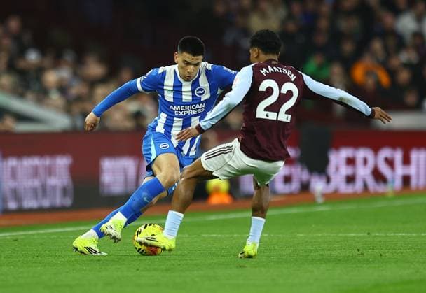 Diego Gomez of Brighton & Hove Albion and Ian Maatsen of Aston Villa Aston Villa v Brighton and Hove Albion, Premier League, Football, Villa Park, Birmingham, UK - 11 Feb 2026Birmingham Villa Park United Kingdom EDITORIAL USE ONLY No use with unauthorised audio, video, data, fixture lists, club league logos or live services. Online in-match use limited to 120 images, no video emulation. No use in betting, games or single club league player publications. Copyright: xMichaelxZemanek Shutterstockx 16540332k