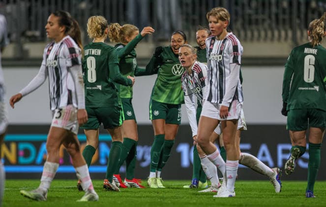 GER, Wolfsburg, VfL Wolfsburg vs Juventus Turin, WomenÂs Champions League, Football, UEFA, Season 2025 2026, AOK Arena, Playoffs, First leg in picture Sarai Linder VfL Wolfsburg Women 39 , Goal, Cheers and joy, Emotions, 2 2 DFB DFL REGULATIONS PROHIBIT ANY USE OF PHOTOGRAPHS AS IMAGE SEQUENCES AND OR QUASI VIDEO, 12 02 2026 Copyright: HMBxMedia HendrikxHamelau