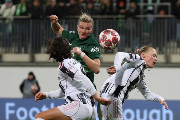 VfL vs Juventus, CL Women Wolfsburg, 12 02 2026, Football, Women, VfL Wolfsburg vs Juventus Turin, Champions League, Play Offs, Season 2025 2026, Eva Schatzer Juventus , Alexandra Popp VfL Wolfsburg , Mathilde Harviken Juventus AOK Stadion Niedersachsen Germany