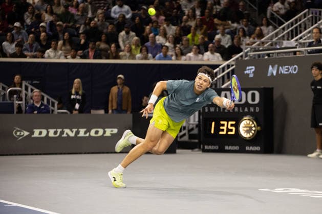 February 12, 2026, Frisco, Texas, USA: BEN SHELTON (USA) dives for the ball during a menâ€⠢s singles match at 2026 Nexo Dallas Open at The Ford Center at The Star in Frisco, Texas. Ben Shelton advances to the quarterfinals after defeating Adrian Mannarino, 7:6, 6:7, 6:3. Tennis 2026: Dallas Open: Shelton 7:6, 6:7, 6:3 Mannarino - ZUMAh193 20260212_zsp_h193_069 Copyright: xDanielxMcGregor-Huyerx
