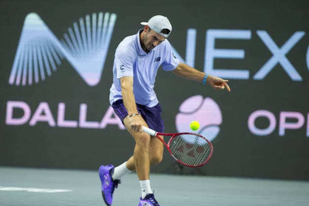 February 13, 2026, Frisco, Texas, USA: TOMMY PAUL (USA) uses a backhand during a menâ€⠢s singles match at 2026 Nexo Dallas Open at The Ford Center at The Star in Frisco, Texas. Miomir Kecmanovic advances to the quarterfinals after defeating Tommy Paul, 5:7, 6:4, 6:4. Tennis 2026: Dallas Open: Paul 5:7, 6:4, 6:4 Kecmanovic - ZUMAh193 20260213_zsp_h193_017 Copyright: xDanielxMcGregor-Huyerx