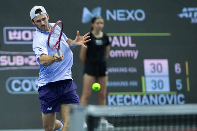 February 13, 2026, Frisco, Texas, USA: TOMMY PAUL (USA) uses a fore hand during a menâ€⠢s singles match at 2026 Nexo Dallas Open at The Ford Center at The Star in Frisco, Texas. Miomir Kecmanovic advances to the quarterfinals after defeating Tommy Paul, 5:7, 6:4, 6:4. Tennis 2026: Dallas Open: Paul 5:7, 6:4, 6:4 Kecmanovic - ZUMAh193 20260213_zsp_h193_029 Copyright: xDanielxMcGregor-Huyerx