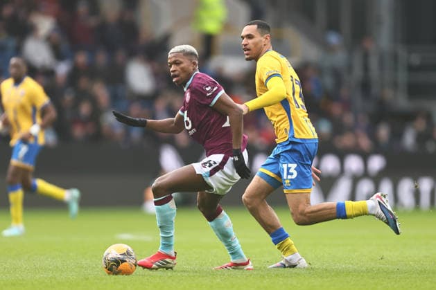 Florentino Luis of Burnley and Jon Russell of Mansfield Town Burnley v Mansfield Town, Emirates FA Cup, Fourth Round, Football, Turf Moor, Burnley, UK - 14 Feb 2026Burnley Turf Moor United Kingdom EDITORIAL USE ONLY No use with unauthorised audio, video, data, fixture lists, club league logos or live services. Online in-match use limited to 120 images, no video emulation. No use in betting, games or single club league player publications. Copyright: xPhilxOldham Shutterstockx 16608267p
